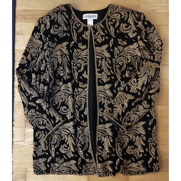 VTG Niteline Black Gold Black Paisley Tapestry Floral Sequin Silk Jacket 1X - Picture 1 of 6